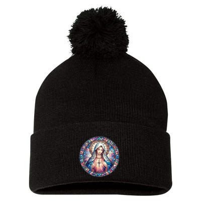 Mother Mary Stained Glass Collection: Heart God Jesus Christ Cross Catholic Pom Pom 12in Knit Beanie