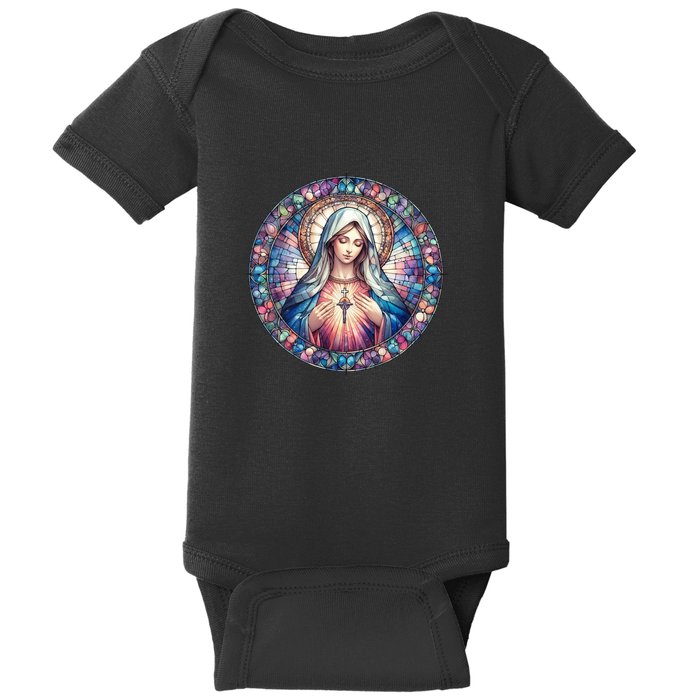 Mother Mary Stained Glass Collection: Heart God Jesus Christ Cross Catholic Baby Bodysuit
