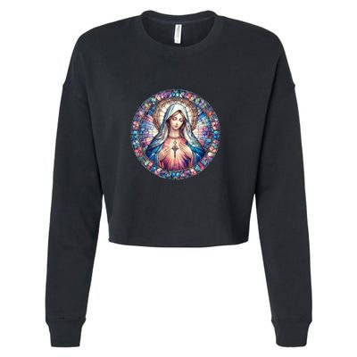 Mother Mary Stained Glass Collection: Heart God Jesus Christ Cross Catholic Cropped Pullover Crew
