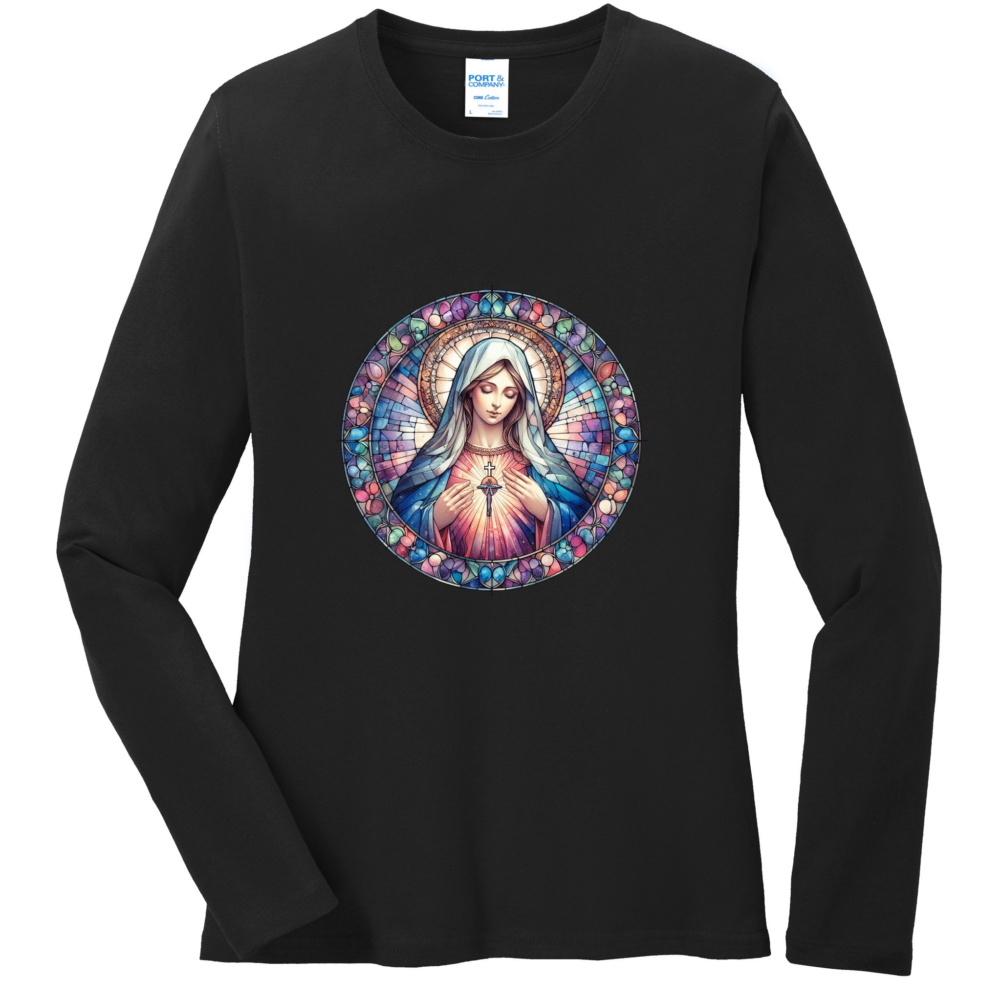 Mother Mary Stained Glass Collection: Heart God Jesus Christ Cross Catholic Ladies Long Sleeve Shirt