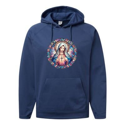 Mother Mary Stained Glass Collection: Heart God Jesus Christ Cross Catholic Performance Fleece Hoodie