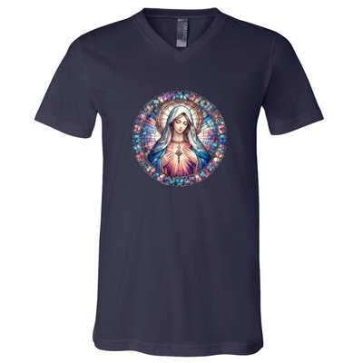 Mother Mary Stained Glass Collection: Heart God Jesus Christ Cross Catholic V-Neck T-Shirt