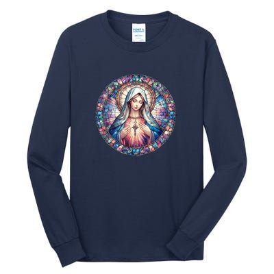 Mother Mary Stained Glass Collection: Heart God Jesus Christ Cross Catholic Tall Long Sleeve T-Shirt