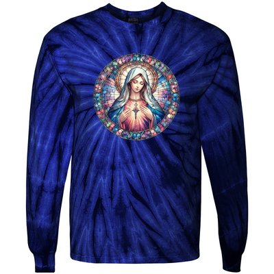 Mother Mary Stained Glass Collection: Heart God Jesus Christ Cross Catholic Tie-Dye Long Sleeve Shirt