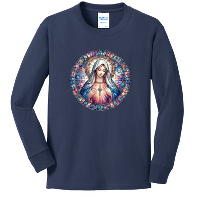 Mother Mary Stained Glass Collection: Heart God Jesus Christ Cross Catholic Kids Long Sleeve Shirt