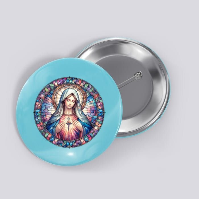 Mother Mary Stained Glass Collection: Heart God Jesus Christ Cross Catholic Button