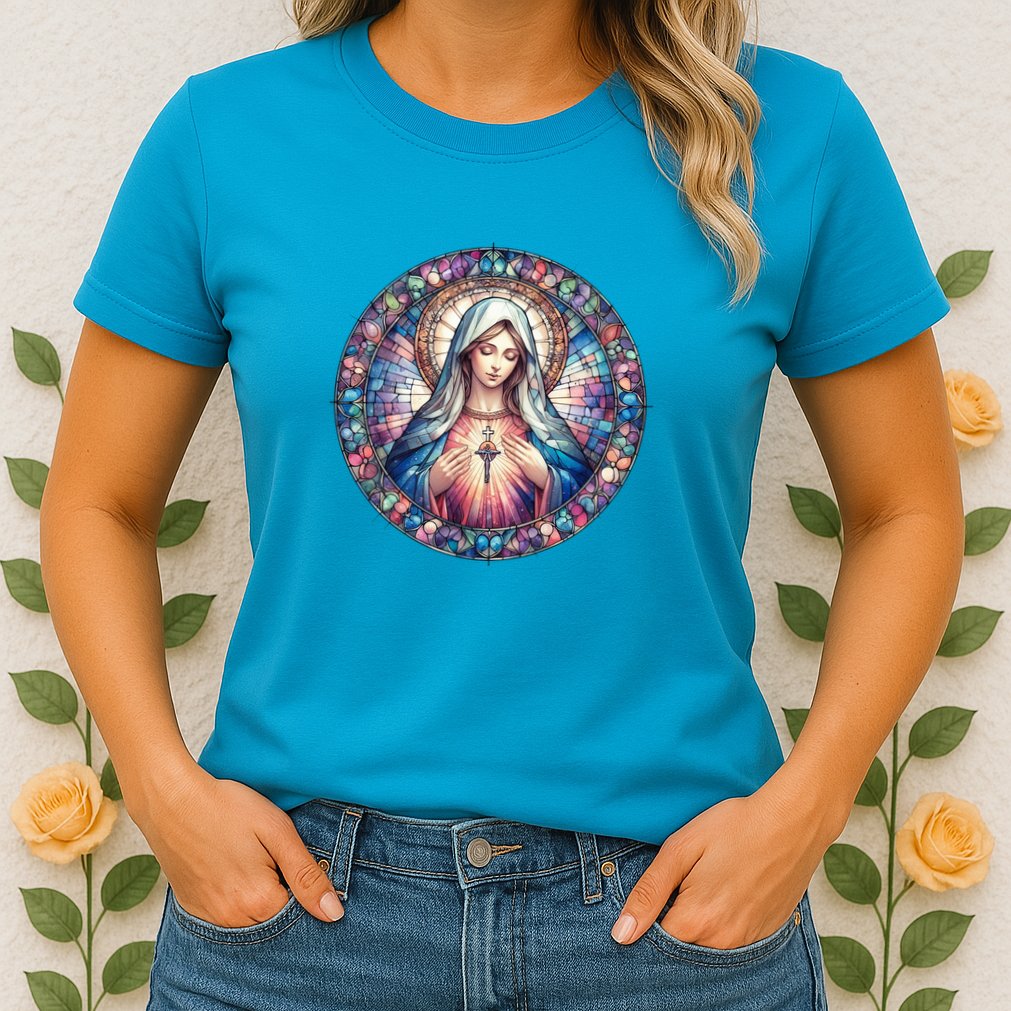 Mother Mary Stained Glass Collection: Heart God Jesus Christ Cross Catholic Womens T-Shirt