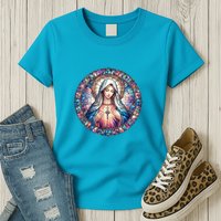 Mother Mary Stained Glass Collection: Heart God Jesus Christ Cross Catholic Womens T-Shirt