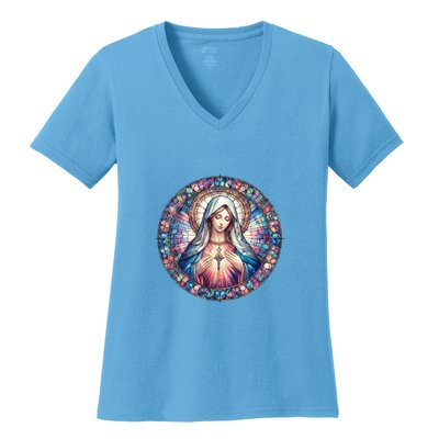 Mother Mary Stained Glass Collection: Heart God Jesus Christ Cross Catholic Women's V-Neck T-Shirt