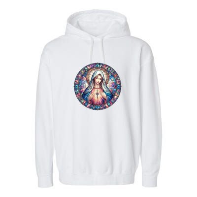 Mother Mary Stained Glass Collection: Heart God Jesus Christ Cross Catholic Garment-Dyed Fleece Hoodie