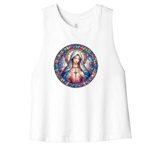 Mother Mary Stained Glass Collection: Heart God Jesus Christ Cross Catholic Women's Racerback Cropped Tank