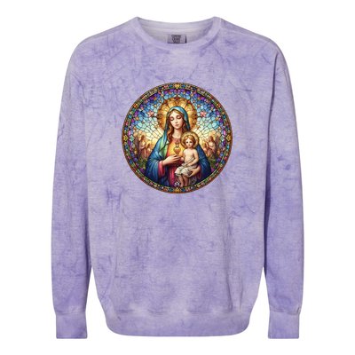 Mother Mary Stained Glass Collection: Sacred Heart Of Mary And Jesus Colorblast Crewneck Sweatshirt