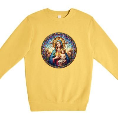 Mother Mary Stained Glass Collection: Sacred Heart Of Mary And Jesus Premium Crewneck Sweatshirt