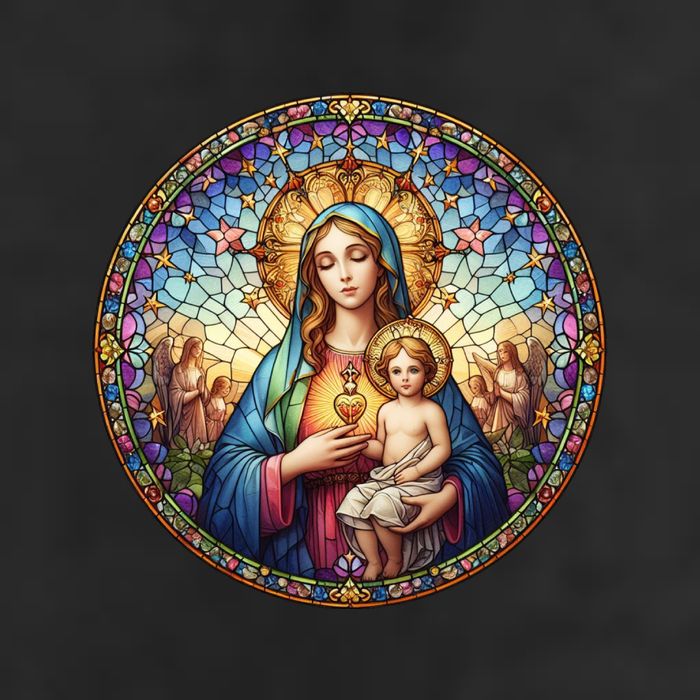 Mother Mary Stained Glass Collection: Sacred Heart Of Mary And Jesus 7 Panel Mesh Trucker Snapback Hat