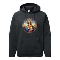 Mother Mary Stained Glass Collection: Sacred Heart Of Mary And Jesus Performance Fleece Hoodie