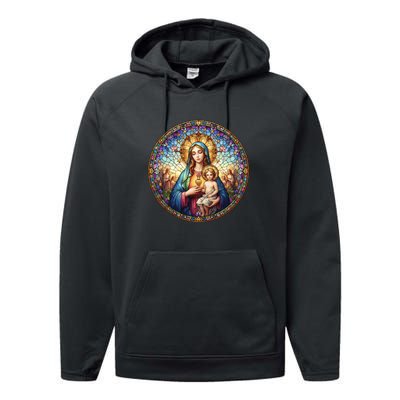 Mother Mary Stained Glass Collection: Sacred Heart Of Mary And Jesus Performance Fleece Hoodie