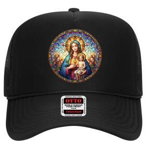 Mother Mary Stained Glass Collection: Sacred Heart Of Mary And Jesus High Crown Mesh Back Trucker Hat