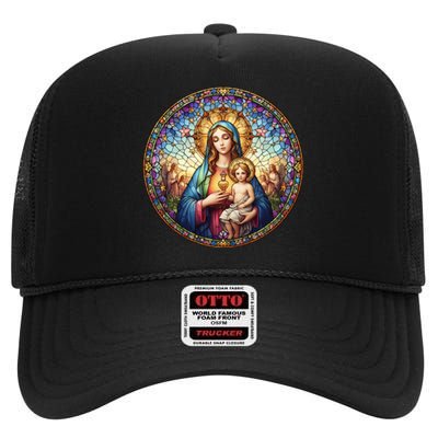 Mother Mary Stained Glass Collection: Sacred Heart Of Mary And Jesus High Crown Mesh Back Trucker Hat