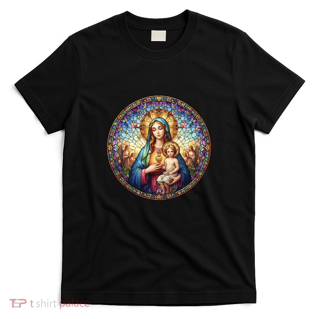 Mother Mary Stained Glass Collection: Sacred Heart Of Mary And Jesus T-Shirt