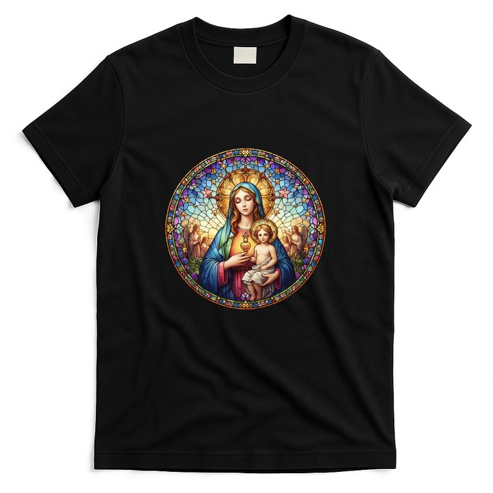 Mother Mary Stained Glass Collection: Sacred Heart Of Mary And Jesus T-Shirt
