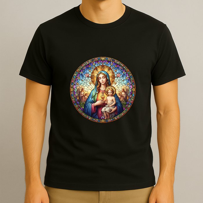 Mother Mary Stained Glass Collection: Sacred Heart Of Mary And Jesus T-Shirt