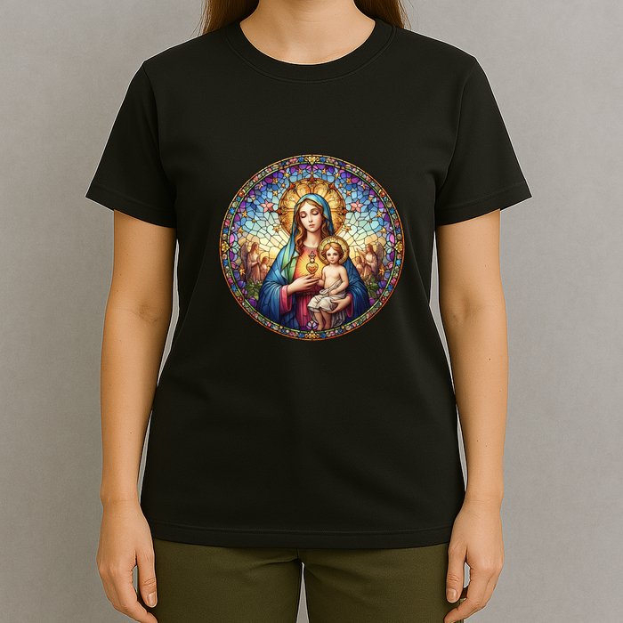 Mother Mary Stained Glass Collection: Sacred Heart Of Mary And Jesus T-Shirt