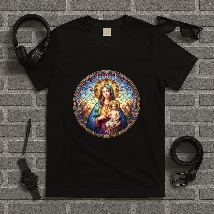 Mother Mary Stained Glass Collection: Sacred Heart Of Mary And Jesus T-Shirt