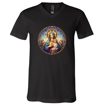 Mother Mary Stained Glass Collection: Sacred Heart Of Mary And Jesus V-Neck T-Shirt