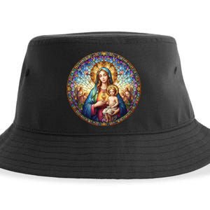 Mother Mary Stained Glass Collection: Sacred Heart Of Mary And Jesus Sustainable Bucket Hat