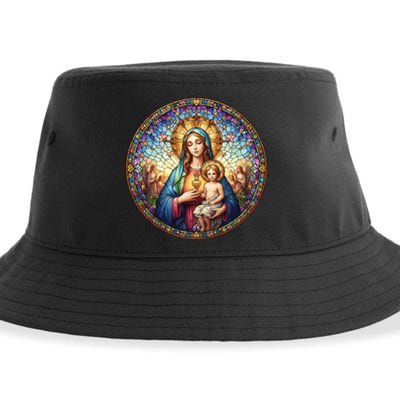 Mother Mary Stained Glass Collection: Sacred Heart Of Mary And Jesus Sustainable Bucket Hat