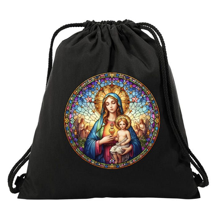 Mother Mary Stained Glass Collection: Sacred Heart Of Mary And Jesus Drawstring Bag