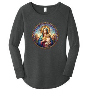 Mother Mary Stained Glass Collection: Sacred Heart Of Mary And Jesus Women's Perfect Tri Tunic Long Sleeve Shirt