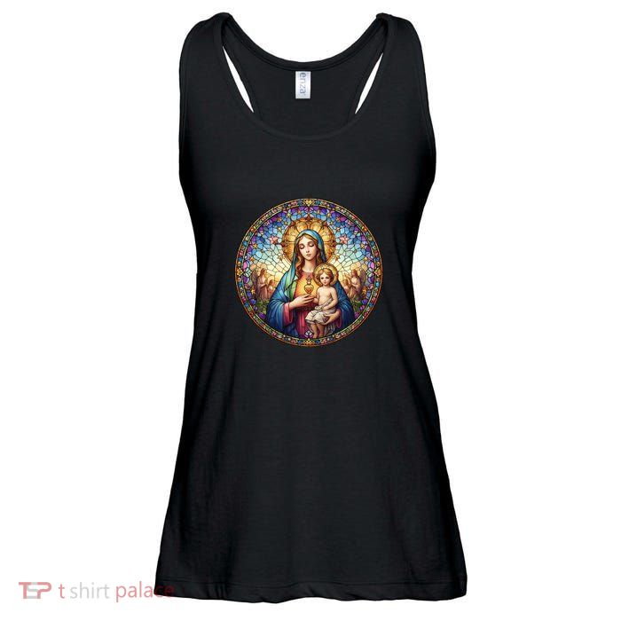 Mother Mary Stained Glass Collection: Sacred Heart Of Mary And Jesus Ladies Essential Flowy Tank