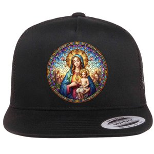 Mother Mary Stained Glass Collection: Sacred Heart Of Mary And Jesus Flat Bill Trucker Hat