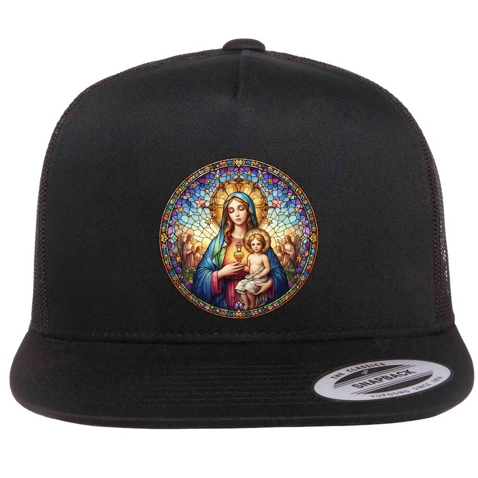 Mother Mary Stained Glass Collection: Sacred Heart Of Mary And Jesus Flat Bill Trucker Hat