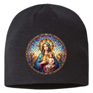 Mother Mary Stained Glass Collection: Sacred Heart Of Mary And Jesus Sustainable Beanie