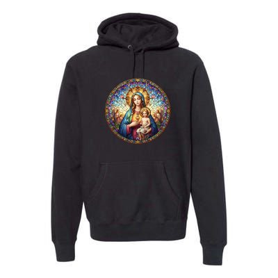 Mother Mary Stained Glass Collection: Sacred Heart Of Mary And Jesus Premium Hoodie