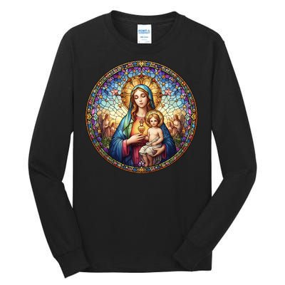 Mother Mary Stained Glass Collection: Sacred Heart Of Mary And Jesus Tall Long Sleeve T-Shirt