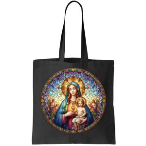 Mother Mary Stained Glass Collection: Sacred Heart Of Mary And Jesus Tote Bag