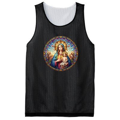 Mother Mary Stained Glass Collection: Sacred Heart Of Mary And Jesus Mesh Reversible Basketball Jersey Tank