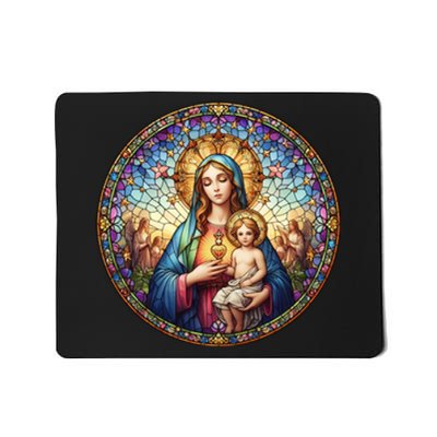 Mother Mary Stained Glass Collection: Sacred Heart Of Mary And Jesus Mousepad