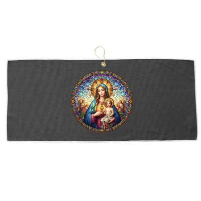 Mother Mary Stained Glass Collection: Sacred Heart Of Mary And Jesus Large Microfiber Waffle Golf Towel