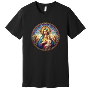 Mother Mary Stained Glass Collection: Sacred Heart Of Mary And Jesus Premium T-Shirt