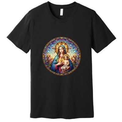 Mother Mary Stained Glass Collection: Sacred Heart Of Mary And Jesus Premium T-Shirt