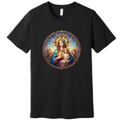 Mother Mary Stained Glass Collection: Sacred Heart Of Mary And Jesus Premium T-Shirt