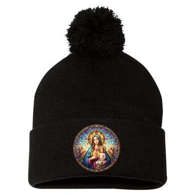 Mother Mary Stained Glass Collection: Sacred Heart Of Mary And Jesus Pom Pom 12in Knit Beanie