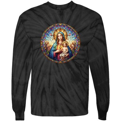 Mother Mary Stained Glass Collection: Sacred Heart Of Mary And Jesus Tie-Dye Long Sleeve Shirt