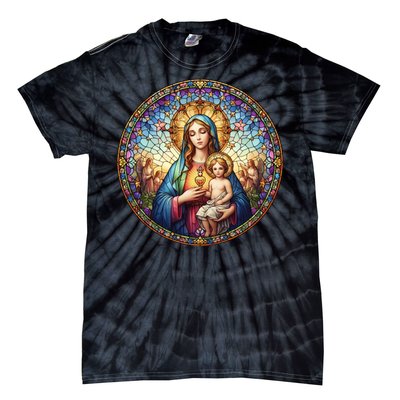 Mother Mary Stained Glass Collection: Sacred Heart Of Mary And Jesus Tie-Dye T-Shirt