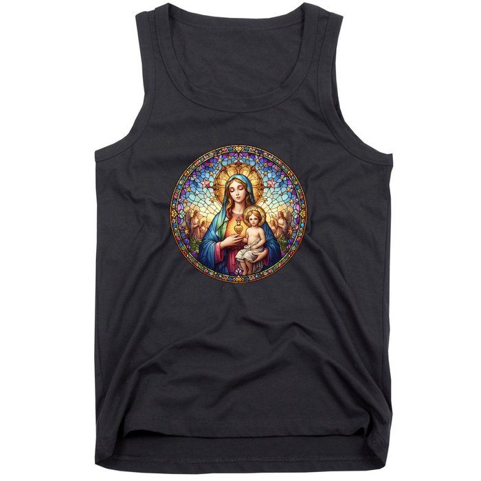 Mother Mary Stained Glass Collection: Sacred Heart Of Mary And Jesus Tank Top