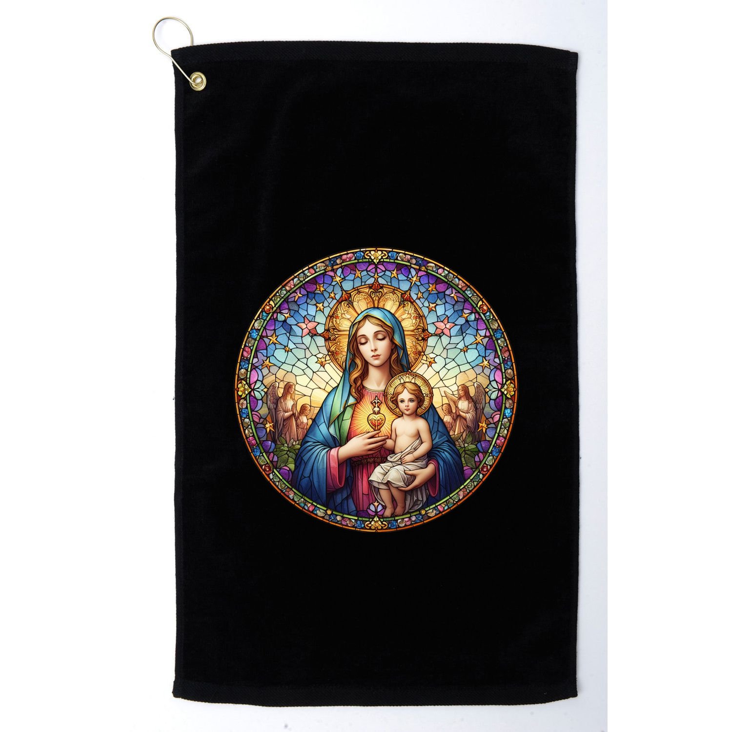 Mother Mary Stained Glass Collection: Sacred Heart Of Mary And Jesus Golf Towel